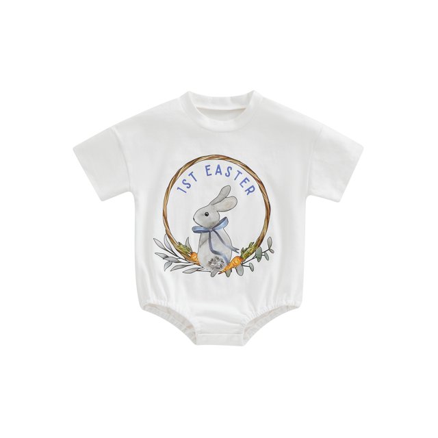 Faithtur Combinaison de Pâques pour Bébé, Barboteuse à Manches Courtes à Col Rond avec Imprimé de Lettres Rabbit de Style Dessin Animé pour Garçons et Filles, 0-18 Mois