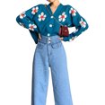 thumbnail image 3 of Kmbangi Women Loose Knitwear, Flower Pattern Long Sleeve V-neck Button Down Cardigan, 3 of 5