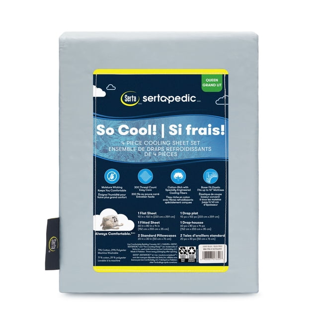 Sertapedic So Cool! 4pc Cooling Sheet Set in light blue, folded with packaging label showing 300 thread count cotton-polyester blend, moisture-wicking fabric, and elastic fit for mattresses up to 14 inches, suitable for hot sleepers.