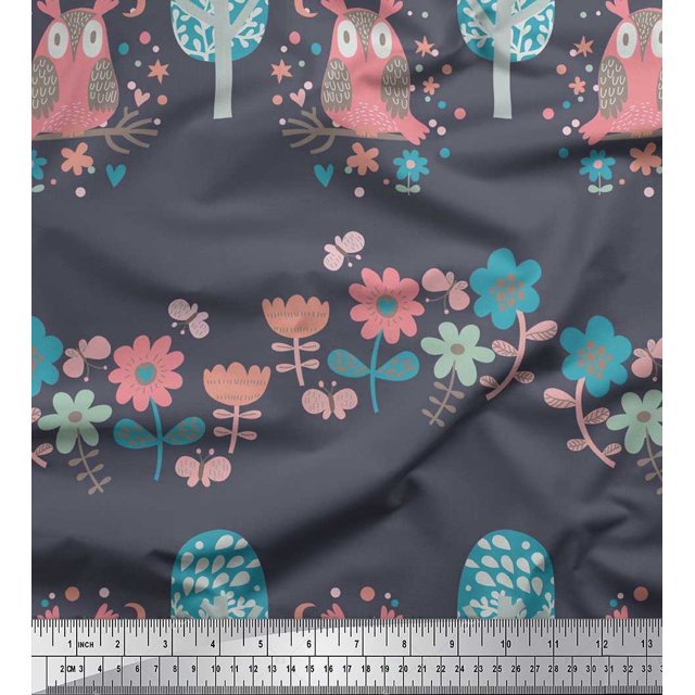 Soimoi Rayon Fabric Floral,Tree & Owl Kids Print Fabric by Yard 42 Inch Wide