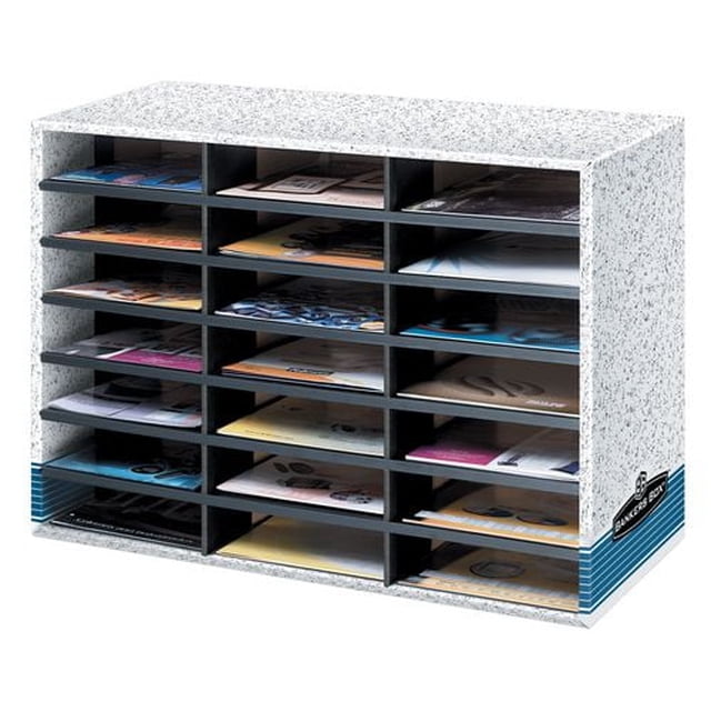 Bankers Box® 21 Compartment Literature Sorter with a white and blue speckled wire frame and 21 horizontal slots holding letter-size documents, ideal for desk organization and filing mail, forms, or catalog sheets in small offices.