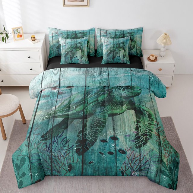 YST Aqua Sea Turtle 7-Piece Comforter Set, Marine Ocean Theme, Full Size