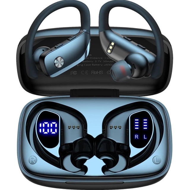 VEAT00L Wireless Headphone Sport with earhook design, noise-cancelling mic, IP7 waterproof rating, and 72-hour battery life. The image shows two wireless earbuds with flexible earhooks in a charging case featuring dual LED displays for battery levels. Designed for sports, these Bluetooth 5.4 headphones offer a secure fit and stable wireless connections.