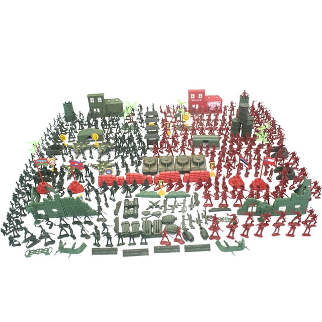 330-Piece Children's Military Toy Model Set with green and red soldiers posed in various positions, vehicles like trucks, airplanes, motorcycles, and boats, fortresses, barricades, tents, and accessories. Ideal for action figure playsets, it includes a durable plastic storage bag with a zipper seal and handle for easy transport.