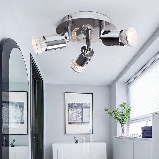 Jinsinto Plafonnier à DEL avec 3 Projecteurs Réglables Montés sur une base Métallique Circulaire. Conçu pour un Éclairage Encastré, Il Offre une Compatibilité à DEL GU10 de 9 W et des angles Réglables pour un Éclairage Personnalisé. Conception Anti-Éclaboussures (IP44) Idéale pour les Salles de Bain, les Cuisines et Autres Espaces Intérieurs.