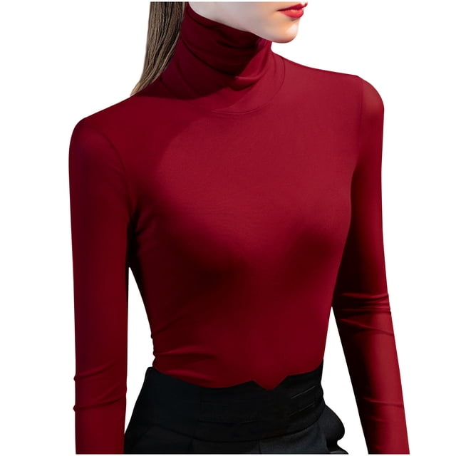 Besolor Womens Turtleneck Long Sleeve Tops Slim Fitted Basic Shirts Plus Size Solid Color Going out Tees Tights
