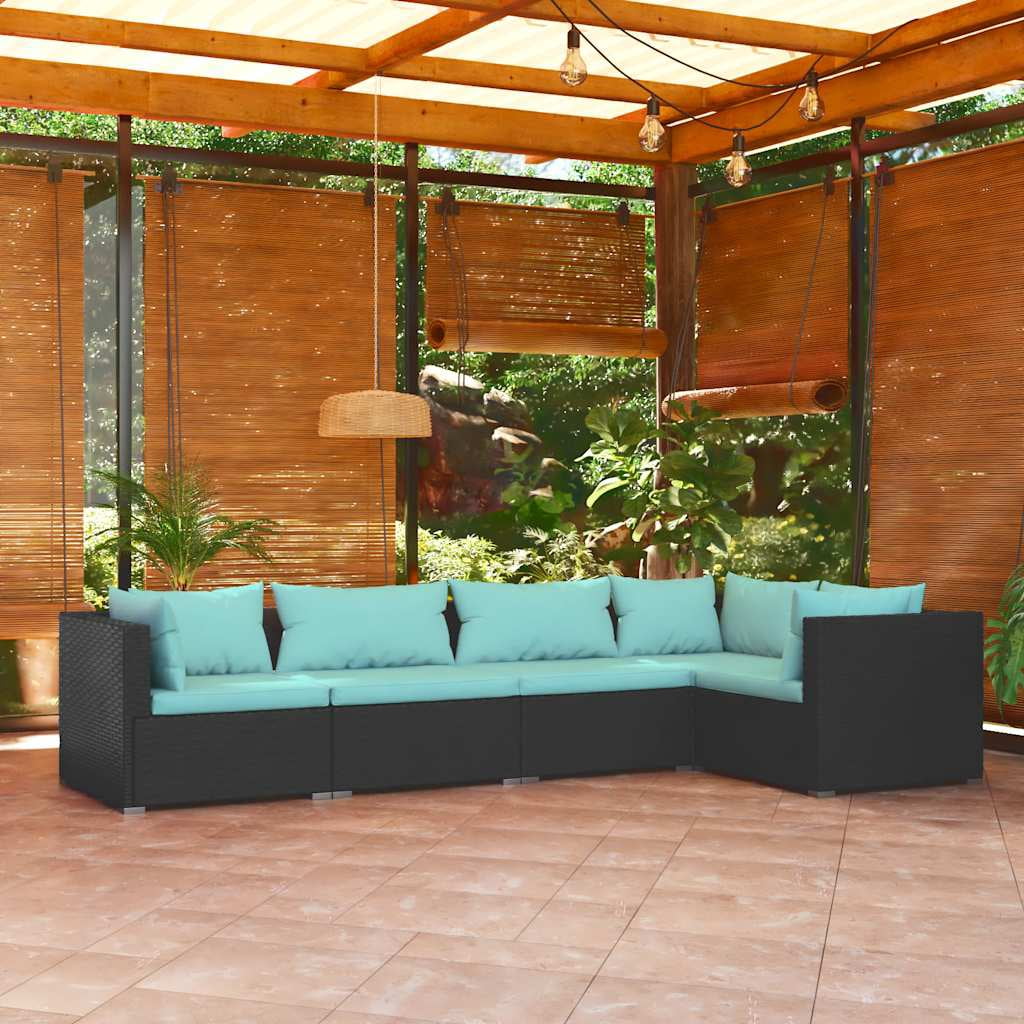 vidaXL 5 Piece Garden Lounge Set with Cushions Poly Rattan Black