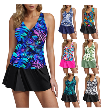 yoeyez Swim Suits for Women 2025 Two Piece Womens Tankini Bathing Suits Loose Fit V-Neck Floral Tankini Top with Bottom Skirts Flowy Modest Swimwear,Multicolor,XL