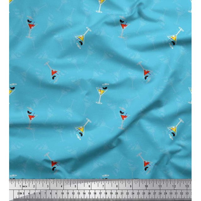 Soimoi Blue polyester Crepe Fabric Glass,Straw & Drinks Summer Designs Decor Fabric Printed Yard 52 Inch Wide