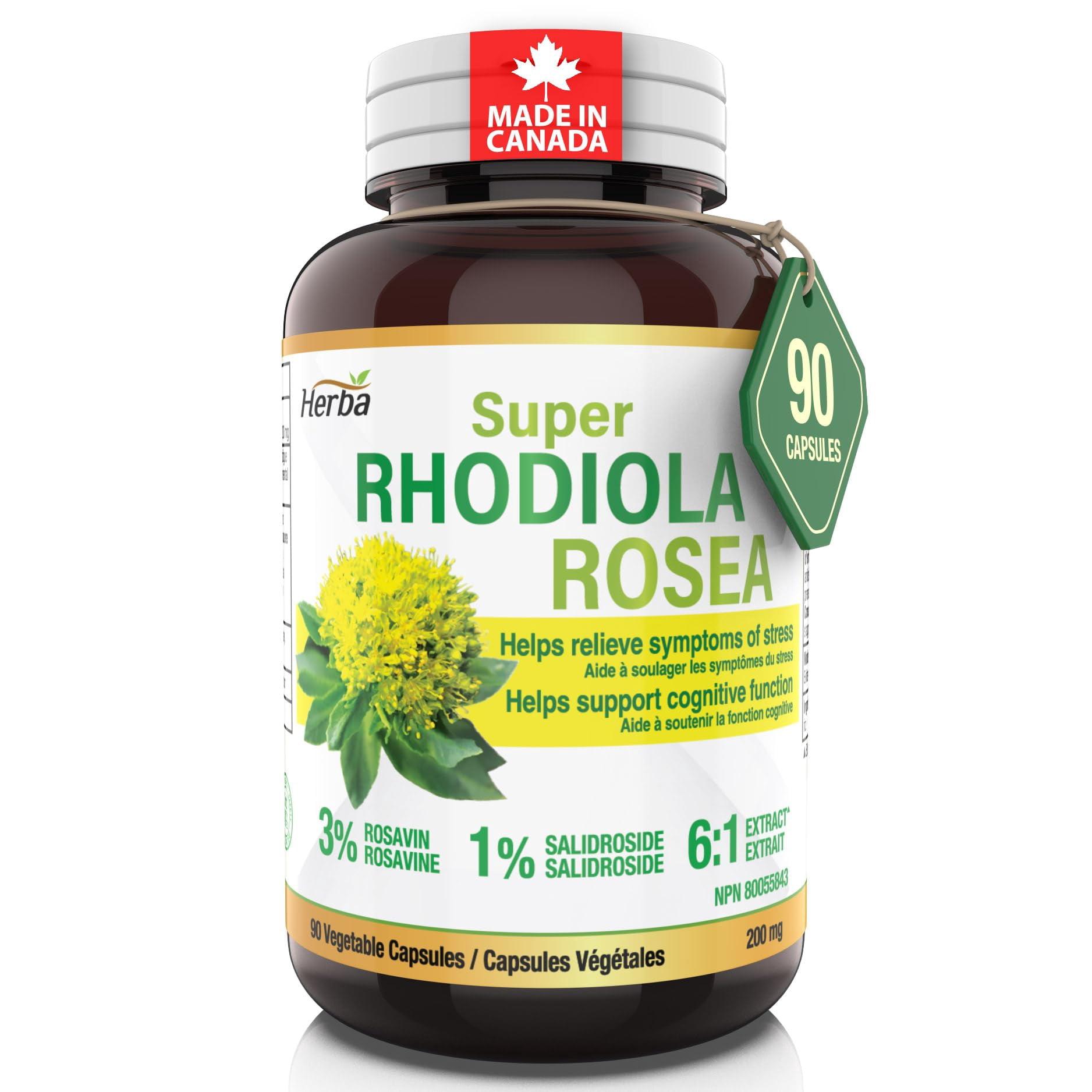 Herba Rhodiola Rosea Supplement 200mg - 90 Capsules | 3% Rosavins and 1% Salidrosides | Made in Canada