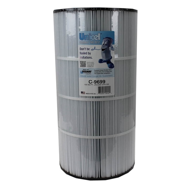 Unicel C-9699 Replacement 100 SqFt Pool Filter Cartridge with 194 pleats, made of durable polyester Reemay material for efficient filtration and debris capture. Features a top end cap with a 5-13/16 inch ID and a bottom end cap with a 6-1/16 inch ID, compatible with Jacuzzi Brothers pools. Designed to maximize water flow and maintain clean, clear pool water.