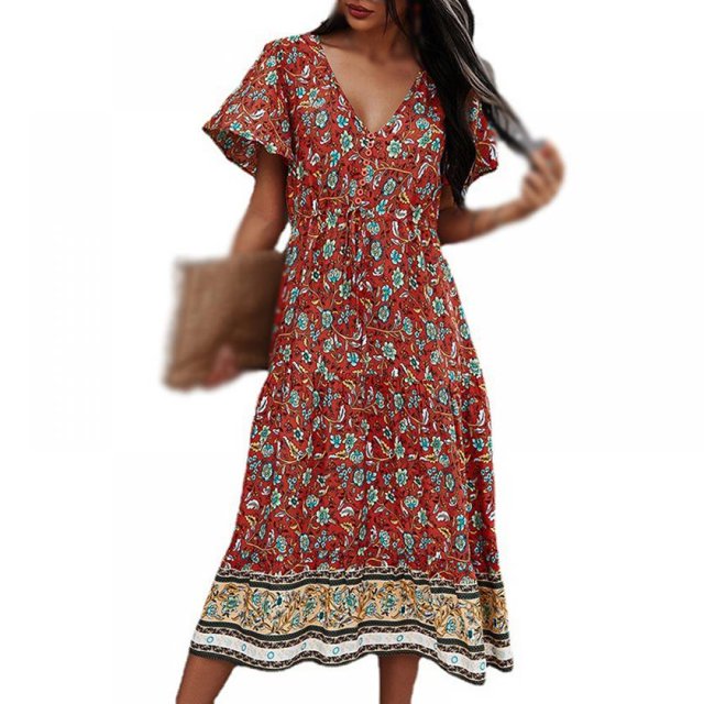 MesaSe Femmes Boho Floral Imprimé V Cou Wrap Robes Manches Courtes Plage Casual Maxi Robe Longue
