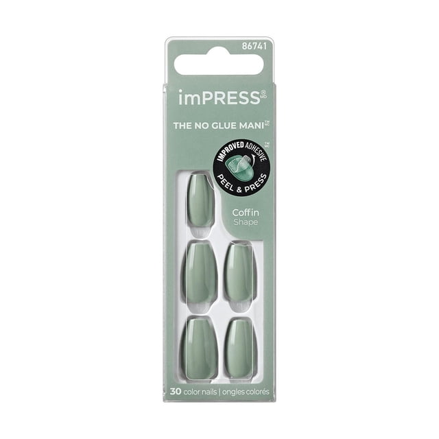 KISS ImPRESS Color - Fake Nails, 30 Count, Coffin Shape Medium in muted sage green, in a vertical package with a clear window showing five nails, featuring no-glue peel and press application with improved adhesive for a gel-like, durable manicure ideal for quick at-home use.