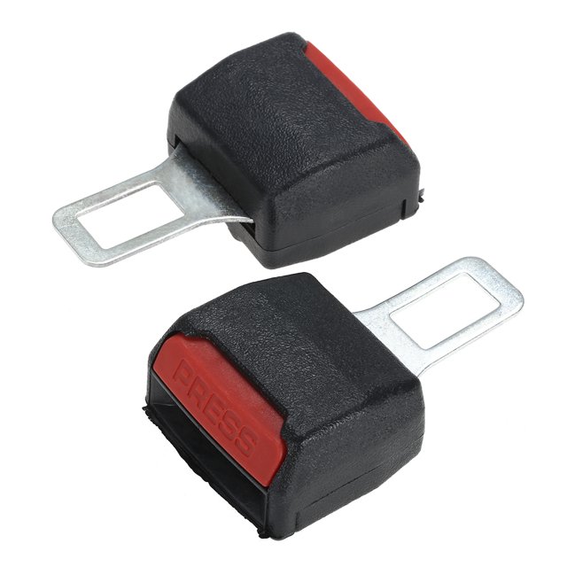 2 Pcs Car Belt Clip Universal Adjustable Car Belt Clip Extender Buckle, designed for auto seat accessories. Made of durable black plastic with red 'PRESS' buttons and metal inserts, each clip measures 83mm L x 51mm W x 28mm H. Universal fit for cars and trucks, ensuring secure locking and easy installation.