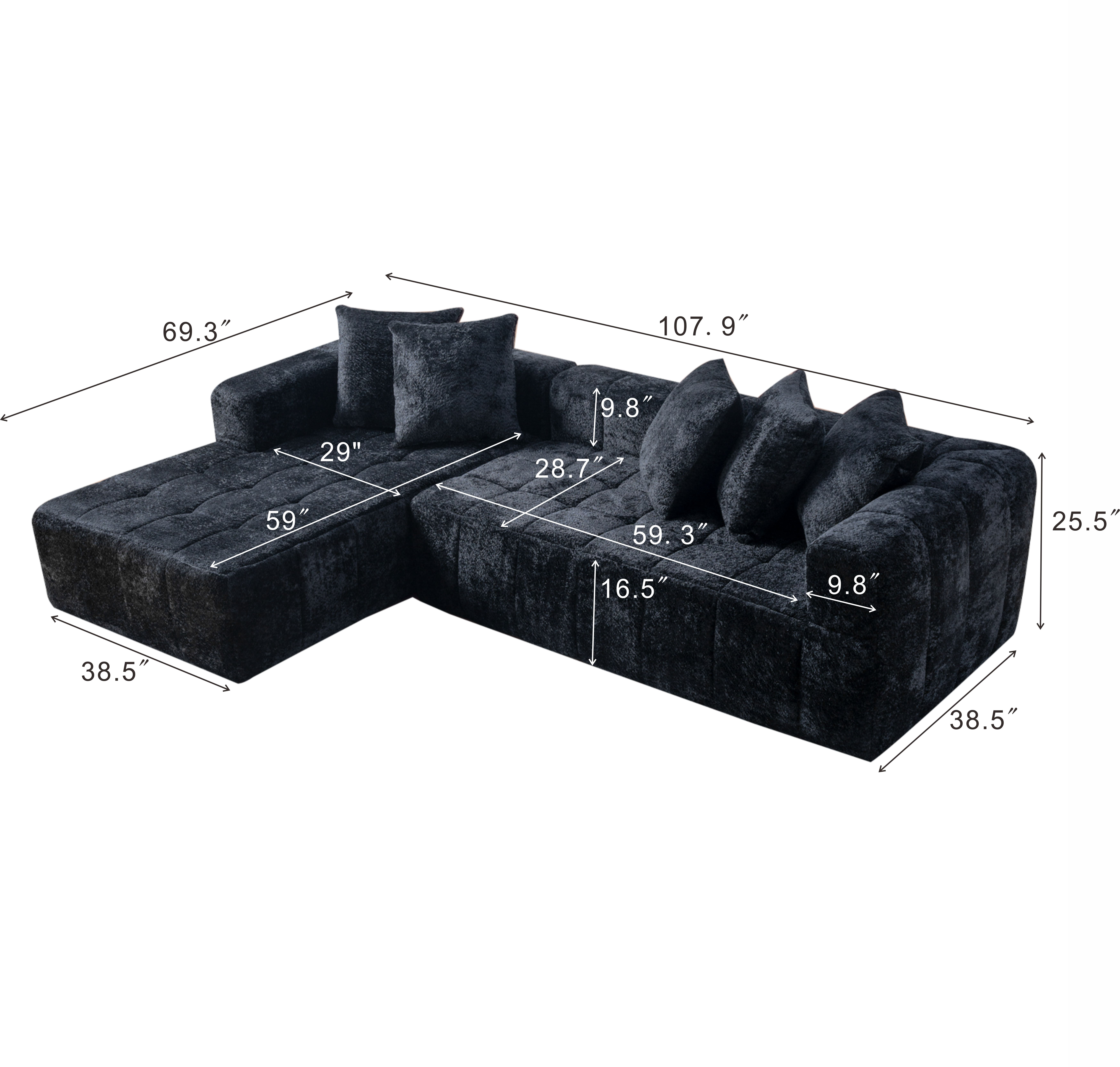 Noble House 107.9" Cloud Modular Sectional Sofa,L-Shape Chaise with Deep Seat for Living Room Bedroom,Black