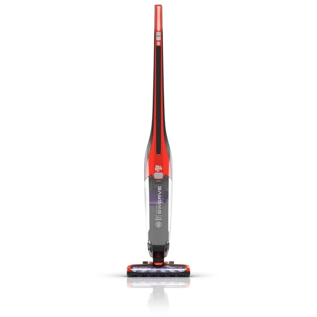 Dirt Devil Power Swerve Pet cordless stick vacuum in red and black with slim upright design, featuring a 16V lithium battery, XL dirt cup, and SPIN3PRO brushroll optimized for pet hair on carpet and hard floors, ideal for quick messes and pet hair removal.