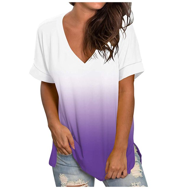 Pompotops T-shirt Décontracté à Manches Courtes et Col en V Imprimé Dégradé pour Femmes