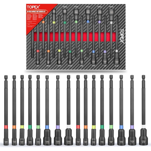 TOPEX 16Pcs Magnetic Impact Nut Driver Set featuring durable Cr-V steel construction with black phosphate coating for corrosion resistance. Includes 16 long-reach nut drivers with laser-etched size markings and colour-coded bands for easy identification. Designed with powerful magnetic heads for secure screw retention and rounded edges to prevent peeling. Comes in a plastic bit holder for organized storage, suitable for use with impact drivers, drill bit drivers, or hexagonal ratchets. Ideal for automotive, DIY, and professional projects.