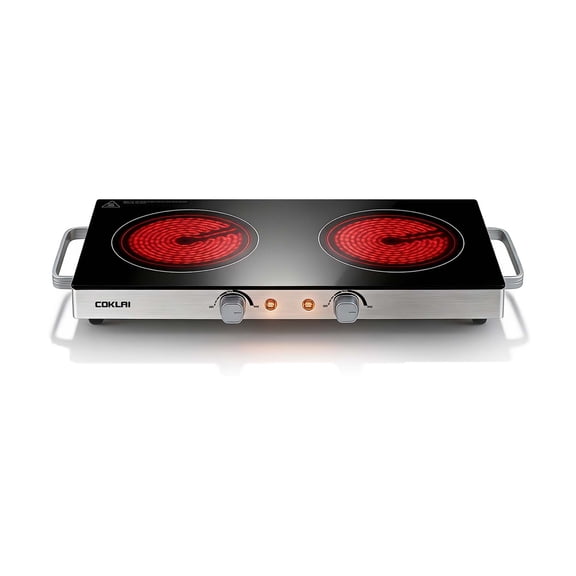 COKLAI Plaque Chauffante Électrique en Verre Infrarouge à Double Brûleur, Surface de Cuisson Portable avec Température Réglable, Surface Facile à Nettoyer pour Cuisine, Dortoir, VR et Camping