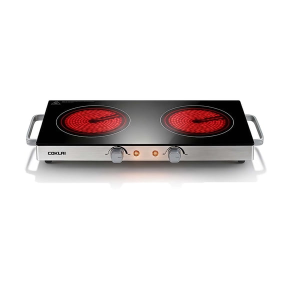 COKLAI Plaque Chauffante Électrique en Verre Infrarouge à Double Brûleur, Surface de Cuisson Portable avec Température Réglable, Surface Facile à Nettoyer pour Cuisine, Dortoir, VR et Camping