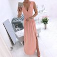 thumbnail image 1 of Gspmoly Robes d'Été pour Femmes, Mode Femme Décontractée Angleterre Ample Sans Manches Uni Col en V Robe Longueur au Sol Robes de Soirée pour Femmes Économies, 1 of 6
