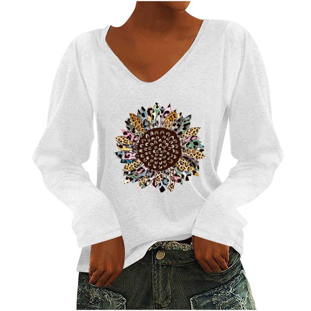 Pompotops T-Shirt à Manches Longues à Col en V Imprimé Décontracté pour Femmes, Chandail, Hauts, Liquidation