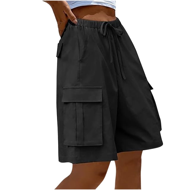 Timegard Cargo Shorts for Women Elastic High Waisted Drawstring Athletic Walking Shorts with Multi-pockets