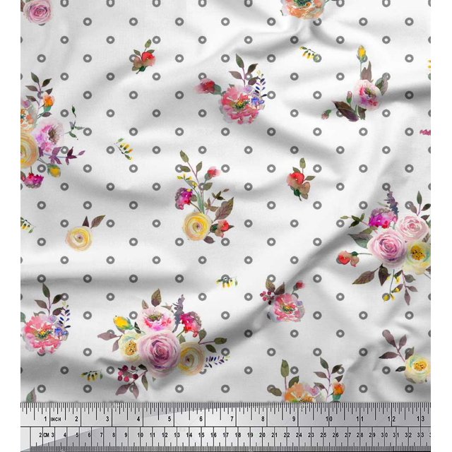 Soimoi White Poly Georgette Fabric Leaves,Small Circle & Floral Decor Fabric Printed BTY 42 Inch Wide