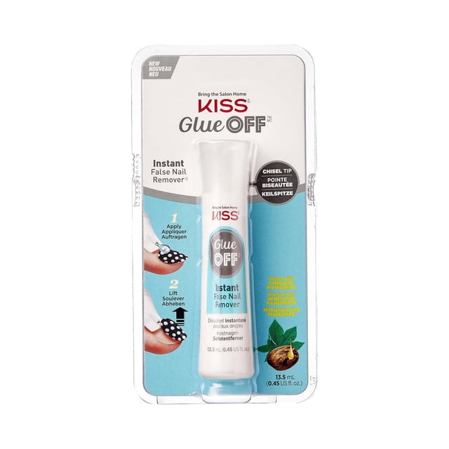 KISS Glue Off Instant False Nail Remover in a white and blue tube with clear cap, packaged with instructions showing how to apply and lift false nails, infused with castor oil and pro vitamin B for gentle nail care, 13.5 mL (0.45 US fl. oz).