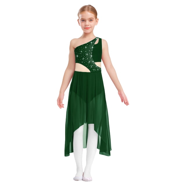 Moggemol Robe de Danse Ballet Lyrique pour Filles une Épaule Sans Manches Découpe Haute Basse Robe en Maille Fluide Danse Verte 14