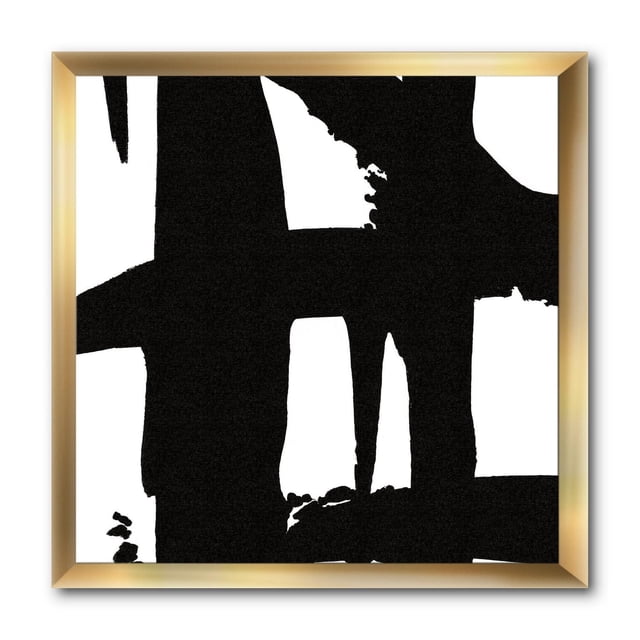 Designart Black & White Crossing Paths II Framed Wall Art showing bold black abstract brushstrokes on white premium cotton canvas, mounted in a 1.5-inch gold frame with fade-resistant ink, includes hanging kit, ideal for modern and contemporary home décor.