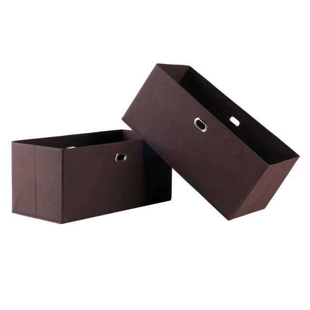 Winsome Torino 2 Piece Folding Fabric Basket Set with two dark brown rectangular foldable storage bins featuring metal ring handles, made from durable non-woven polypropylene with fiberboard support, ideal for organizing closets, bedrooms, or offices.