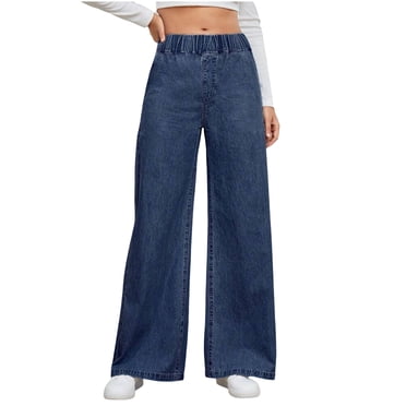 Ohufall Wide Leg Jeans for Women Trendy High Waisted Jeans Stretchy Straight Leg Denim Pants with Pockets