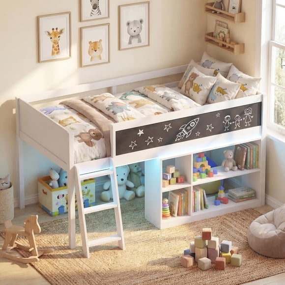 Twin Low Loft Bed with LED Lights, Wooden Bed Frame with Chalkboard, Safety Guardrail & Ladder, Twin Kids Bed Frame with Removable Bookshelf and Under-Bed Storage Space (White)