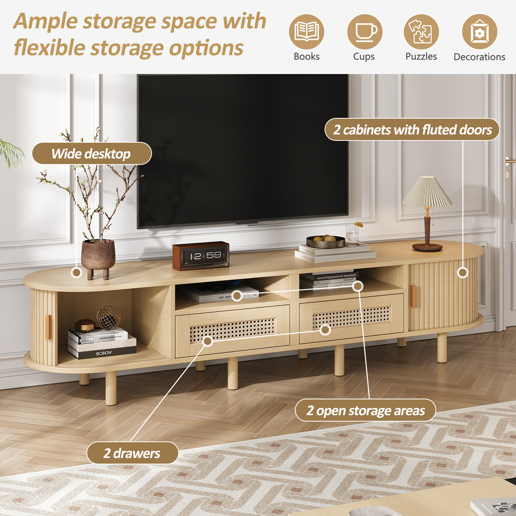 Homy Casa TV Stand for TVs up to 65", 64.9" Modern Media Console with 2 Drawers, 2 Cabinets & Open Shelves, Natural Oak