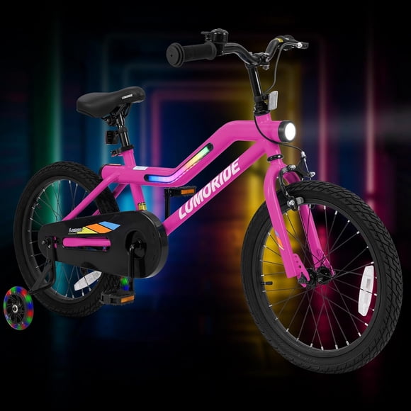 OLAKIDS Vélo pour Enfants, Vélo pour Tout-Petits de 16 à 18 Po avec Roues Stabilisatrices, Cadre à Lumière DEL Clignotante, 7 Modes d'Éclairage, Bicyclette pour Enfants avec Selle, Guidon et Béquille Réglables pour Filles et Garçons