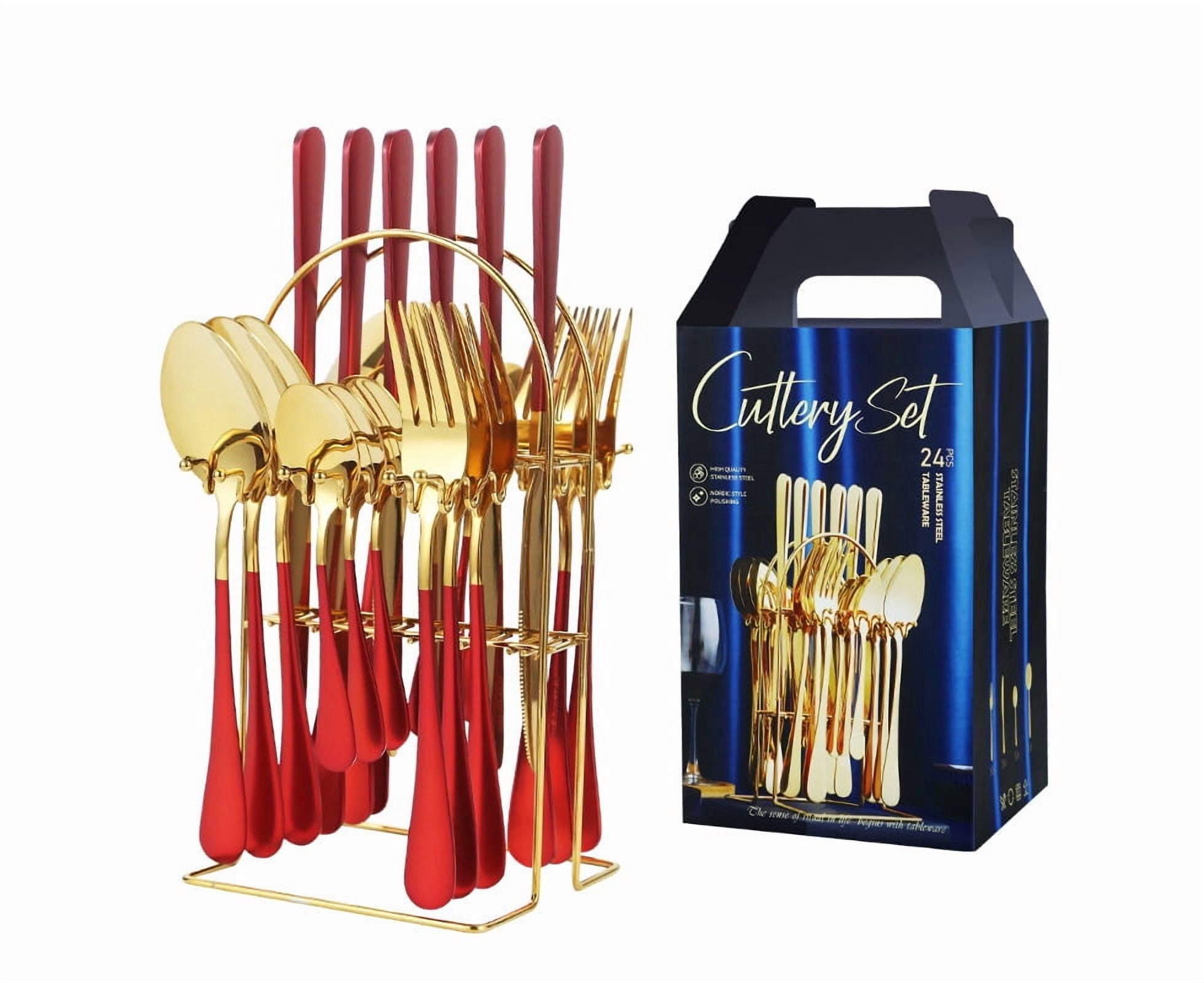 24-Piece Premium Food-Grade Stainless Steel Cutlery Set with Knife Block - Ergonomic Red Handles, Mirror Polished, Rust-Proof & Dishwasher Safe - Ideal for Daily Use, Parties, Weddings & Gifting