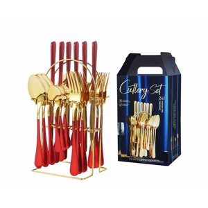 24-Piece Ensemble de couverts en acier inoxydable de qualité alimentaire supérieure avec bloc de couteaux - Poignées rouges ergonomiques, miroir poli, Rust-Proof & Lave-vaisselle sans danger - Idéal pour une utilisation quotidienne, fêtes, mariages & Cadeaux