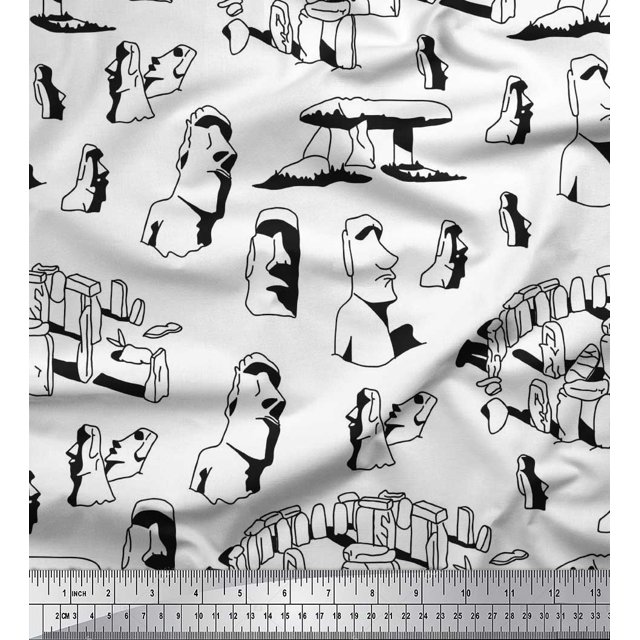 Soimoi Poly Georgette Fabric Easter Island Statue Face Print Fabric by Yard 42 Inch Wide