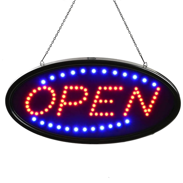 GreenLife® Open Sign LED Open Sign Electronic Billboard featuring a bright and eye-catching design with red LED letters spelling 'OPEN' surrounded by a blue LED border. The oval-shaped sign is lightweight, made with high-lumen LEDs and a durable ABS plastic base. It includes two lighting modes, flashing and static, and comes with a 2-ft metal chain for easy hanging. Suitable for businesses like cafes, restaurants, and salons, it operates with an energy-efficient 120V AC UL-certified power cord.