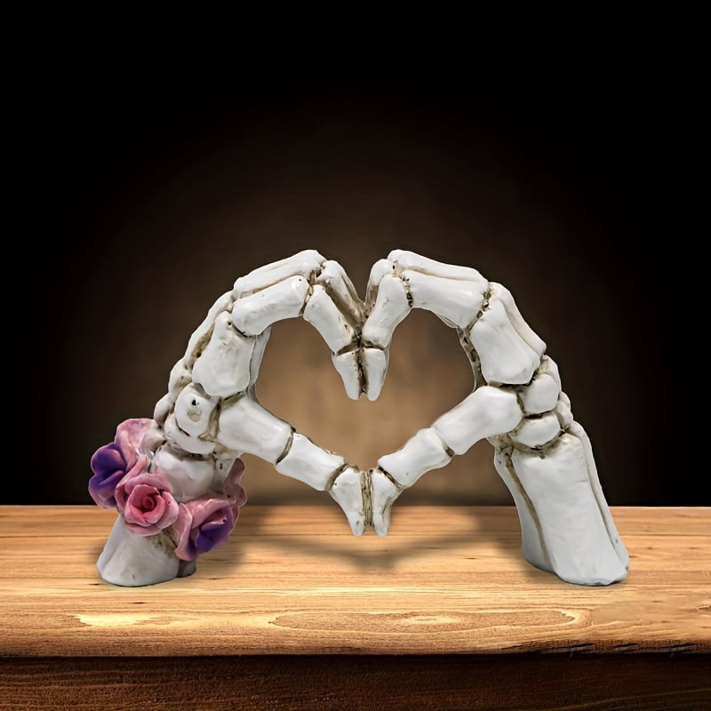 1pc, Skull Heart-shaped Hand Resin Statue, Unique Desktop Decoration, Modern Art Decor, Halloween Decor, Gift
