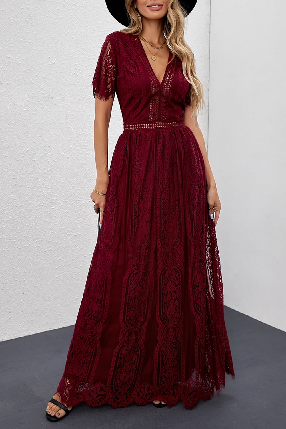 Women's Burgundy Deep V Neck Short Sleeve Lace Maxi Dress
