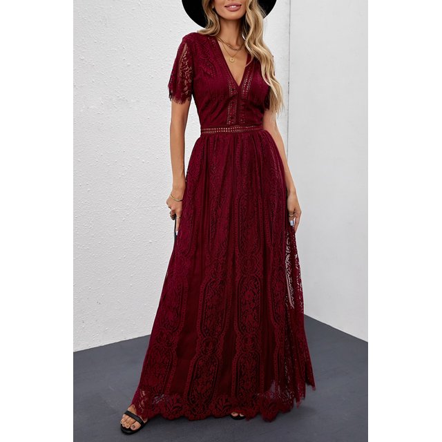 Robe Maxi en Dentelle à Manches Courtes Col en V Profond Bourgogne pour Femmes