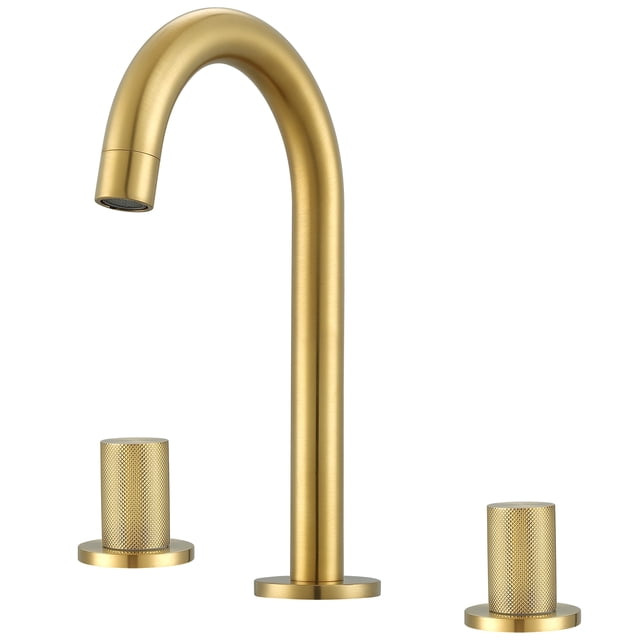 Ancona Industria Series Widespread Double Handle Bathroom Faucet in Brushed Gold. This industrial-chic faucet features a bold design with a brushed gold finish, a high-arc spout, and two textured cylindrical handles. Made from lead-free solid brass with a premium ceramic disc cartridge for durability and drip-free operation. Designed for widespread installations between 6 to 10 inches, it includes a Neoperl aerator for smooth water flow and reduced splashing. Flow rate: 1.2 GPM. All mounting hardware and hot/cold waterlines are included.