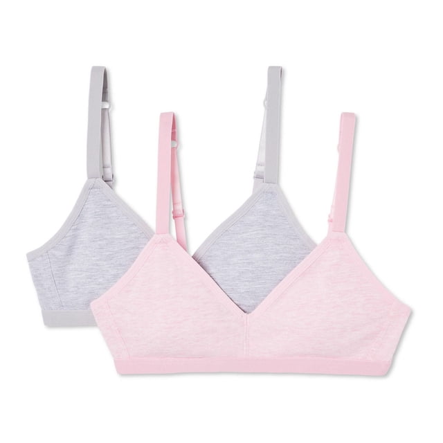 George girls' trainer bras 2-pack with one light pink and one light grey bra, featuring V-neckline, adjustable spaghetti straps, removable cups, and hook and eye closure, made from soft cotton blend for everyday wear and comfort.
