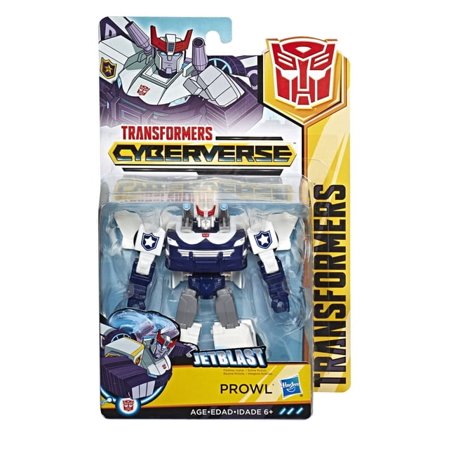 Transformers Cyberverse Action Attackers: Warrior Class Prowl Action Figure toy in robot mode with white, navy blue, and gray colors, star decals on shoulders, and red antennae, shown in original packaging with Cyberverse logo and Jetblast attack feature, for ages 6 and up.