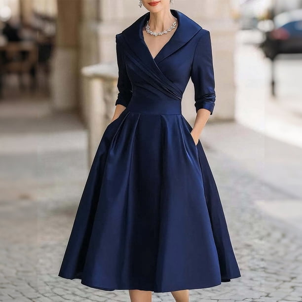 simple holiday dresses RKSTN for Women Stylish Solid Color Lapel Long Sleeve Pleated Waist Defining Formal Gathering Evening Gown with Pockets classy holiday party dress