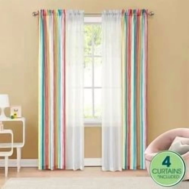 Your Zone 4 Piece Window Curtains Panel Set, 27.5" x 84" gray camo patterned panels with two white sheer panels on a silver rod in a beige kids' room with hardwood floor, offering layered light control and privacy, ideal for bedrooms or dorms.