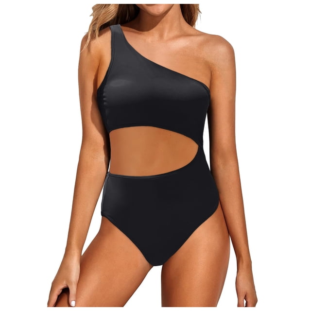 Womens Bikini Swimsuits One Shoulder Bathing Suits Full Coverage Keyhole Solid Tankinis Swimwear for Women Black