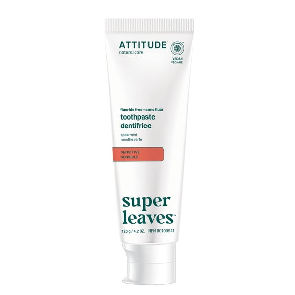 ATTITUDE Fluoride-Free Sensitive Toothpaste, Spearmint Flavor, Vegan & Cruelty-Free, Sugar-Free, Plant & Mineral-Based Ingredients, Clean Oral Care, 120 grams